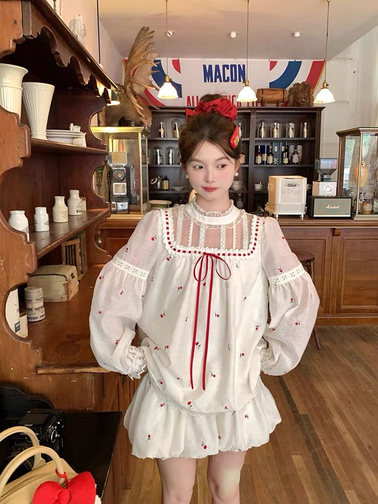 Dolly Beige Cherries Top + Skirt Two Piece Set (M)