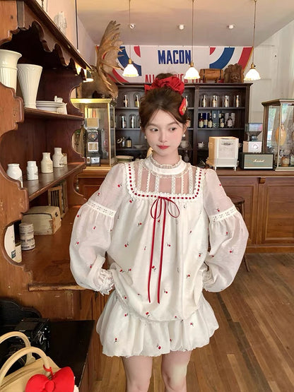 Dolly Beige Cherries Top + Skirt Two Piece Set (M)