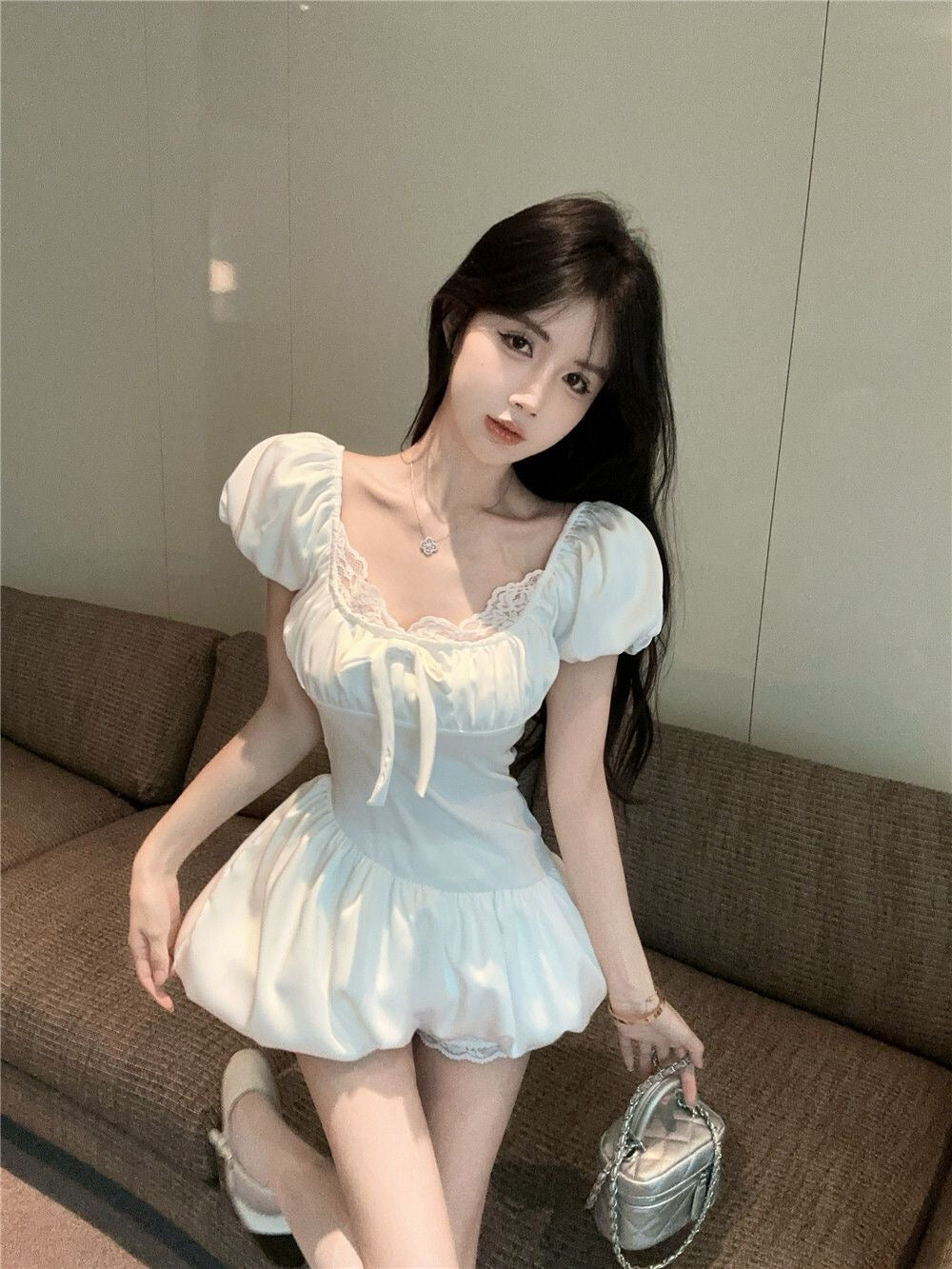 Silk White Puff Sleeve Mini Dress + Shorts Two Piece Set (S)