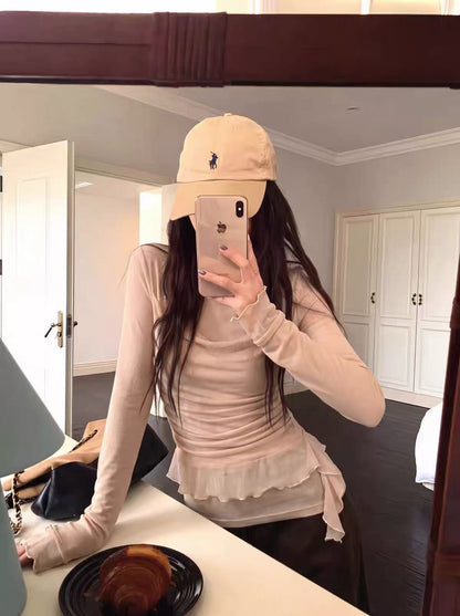 Nude / White Two Layered Mesh Long Sleeve Top