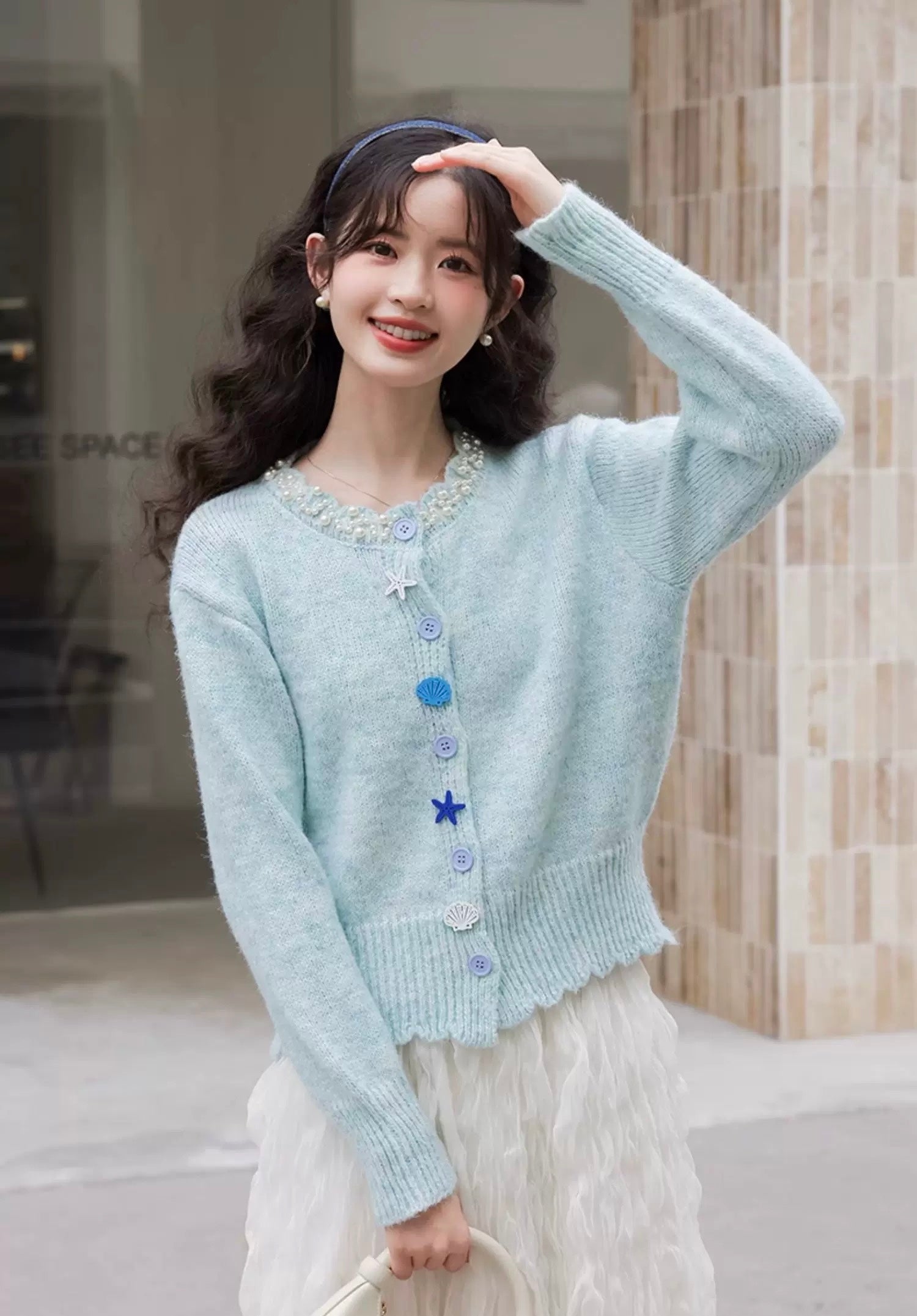 Blue Seashell Pearl Knitted Cardigan Top