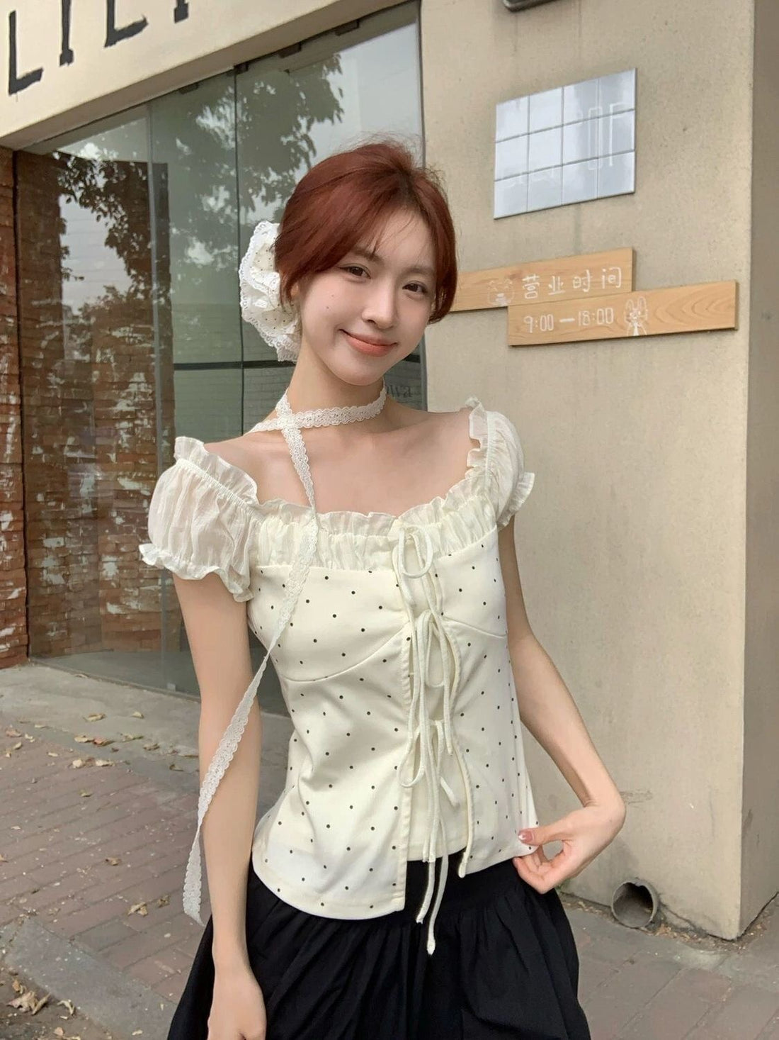 Cream Polka Dot Top With Collar Strap