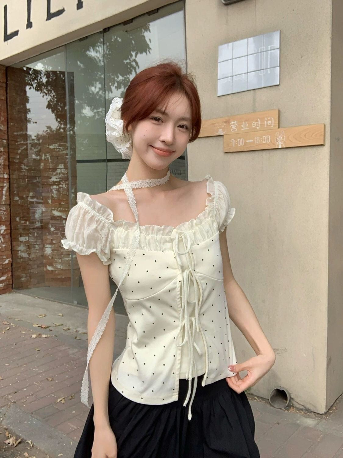 Cream Polka Dot Top With Collar Strap