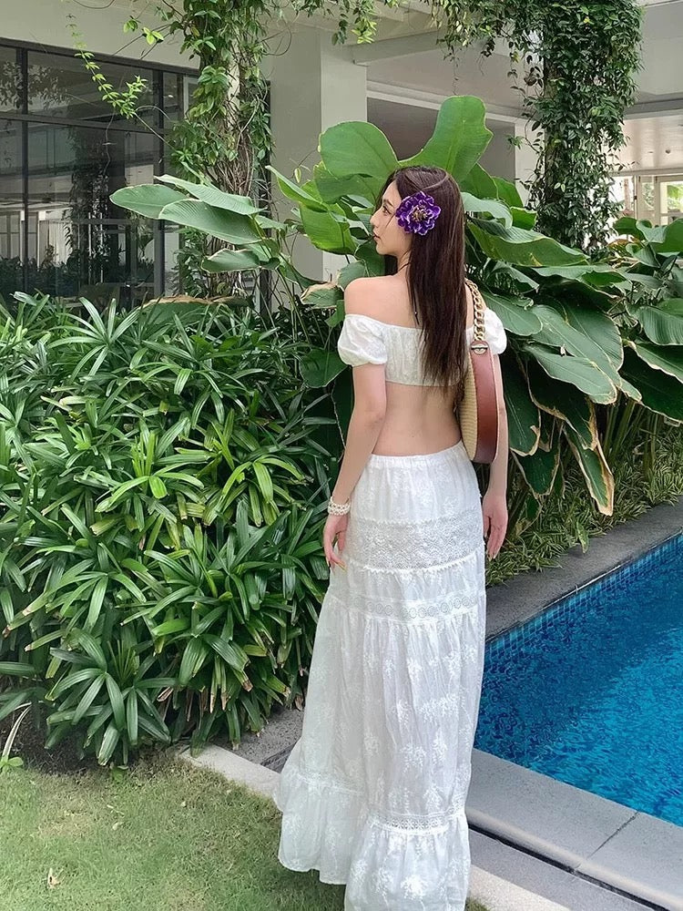White Off Shoulder Crop Top Long Skirt Three Pieces Set