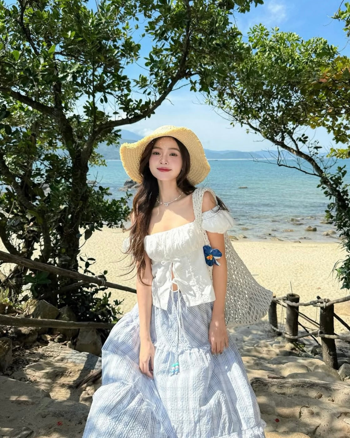 White Top + Blue Long Skirt Two Piece Set
