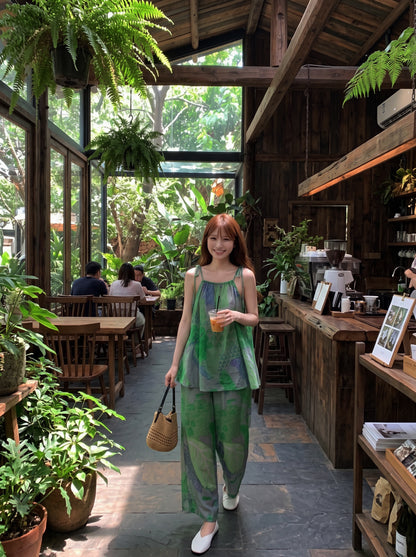 Green Top + Long Pants Two Piece Set