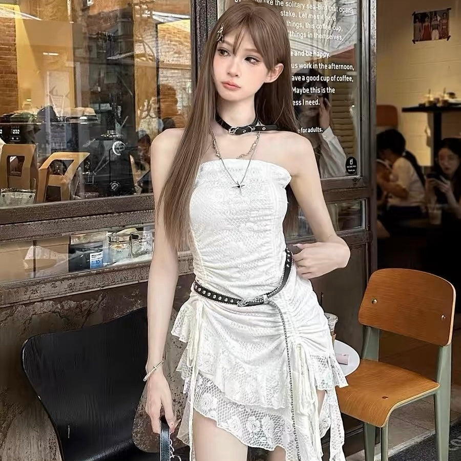 White Lace Unequal Tube Dress (XS)