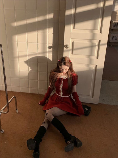 Red Knitted Crop Top + Skirt + Glove Three Piece Set