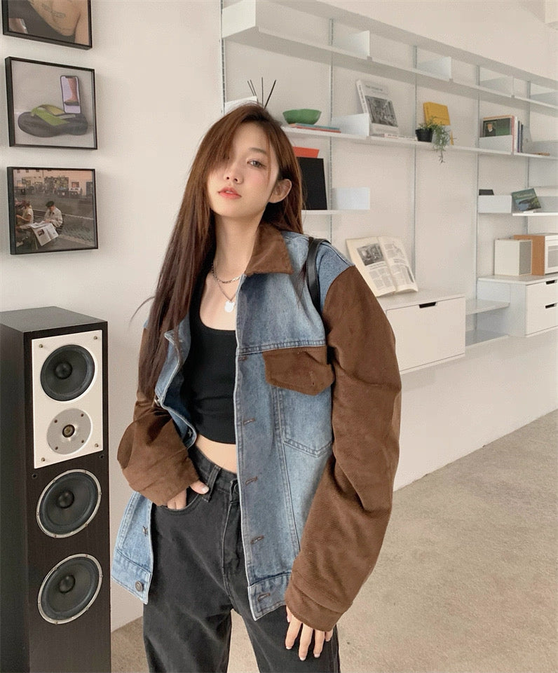 Denim Mix Brown Collar Sleeve Jacket