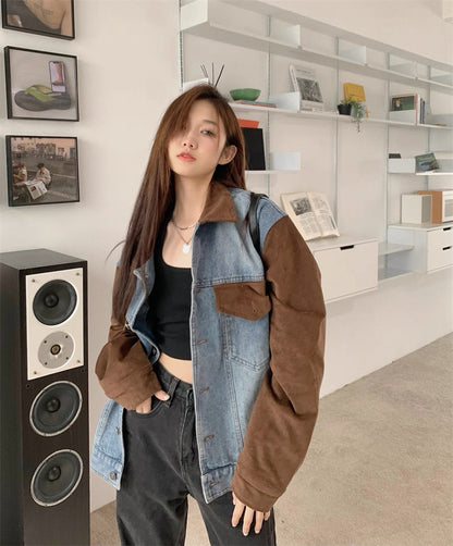 Denim Mix Brown Collar Sleeve Jacket