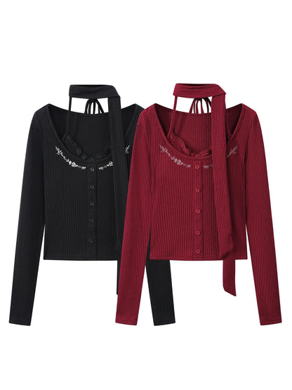 Knitted Long Sleeve Top with strap (Black, Red)