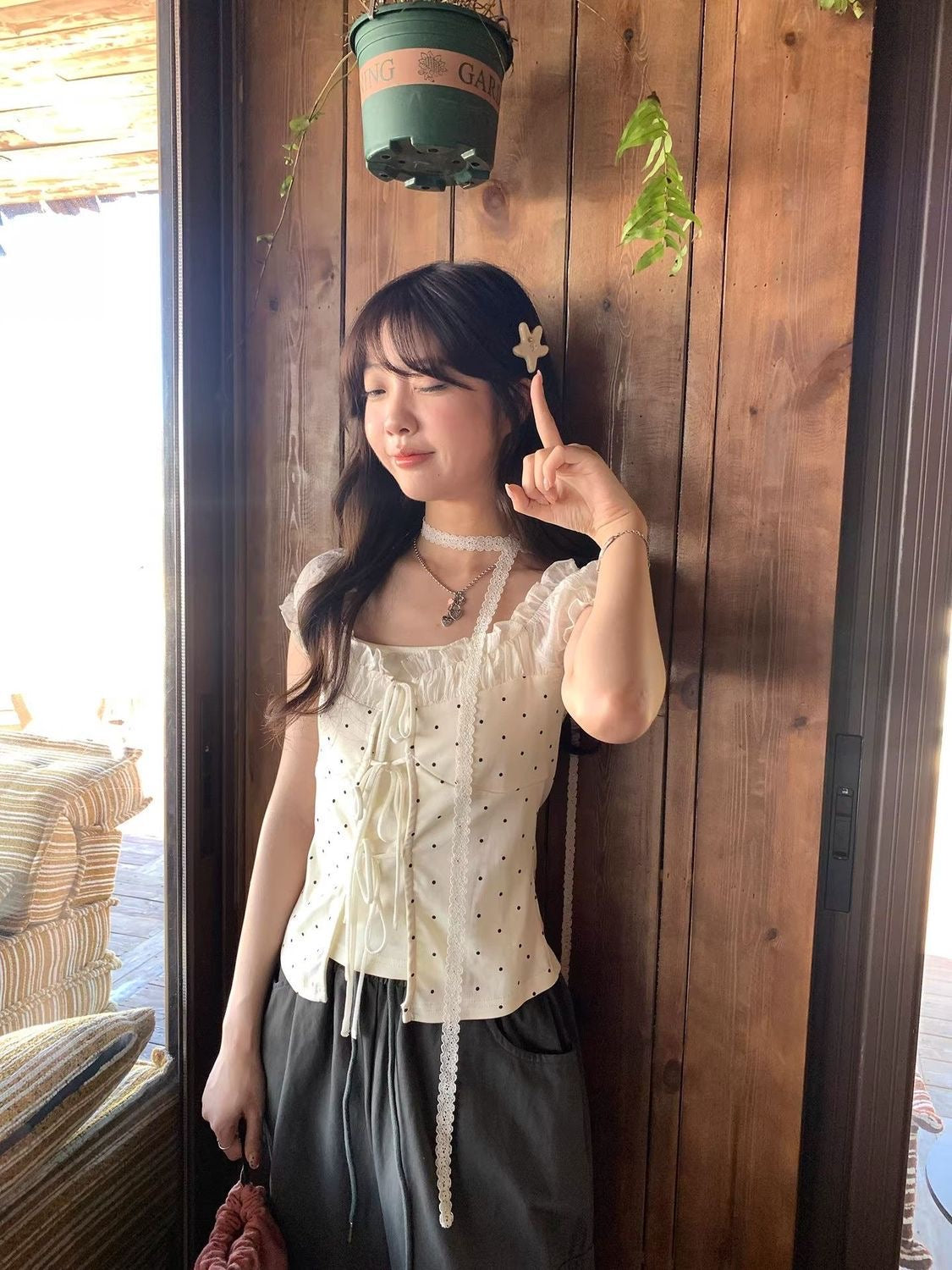 Cream Polka Dot Top With Collar Strap