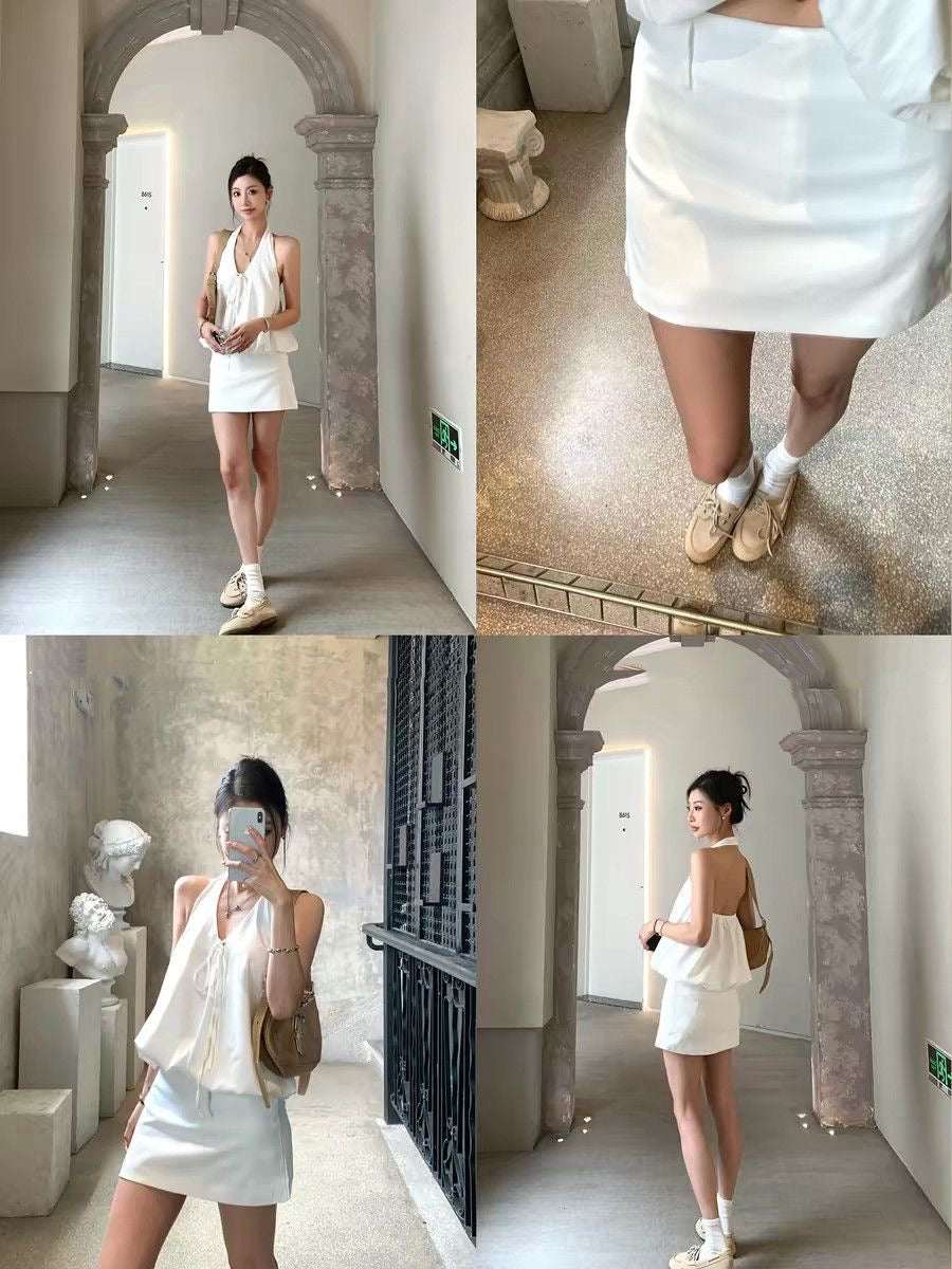 White Round Neck Top + Skort Skirt