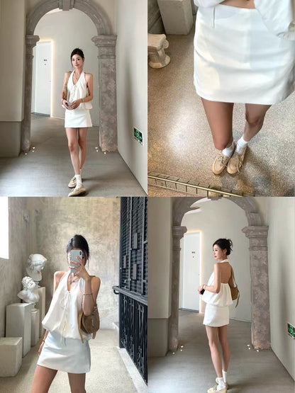 White Round Neck Top + Skort Skirt