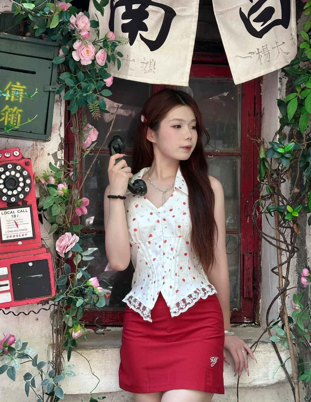 Floral White Top + Wine Red Skirt Two Piece Set (S)预订优惠 不接急单