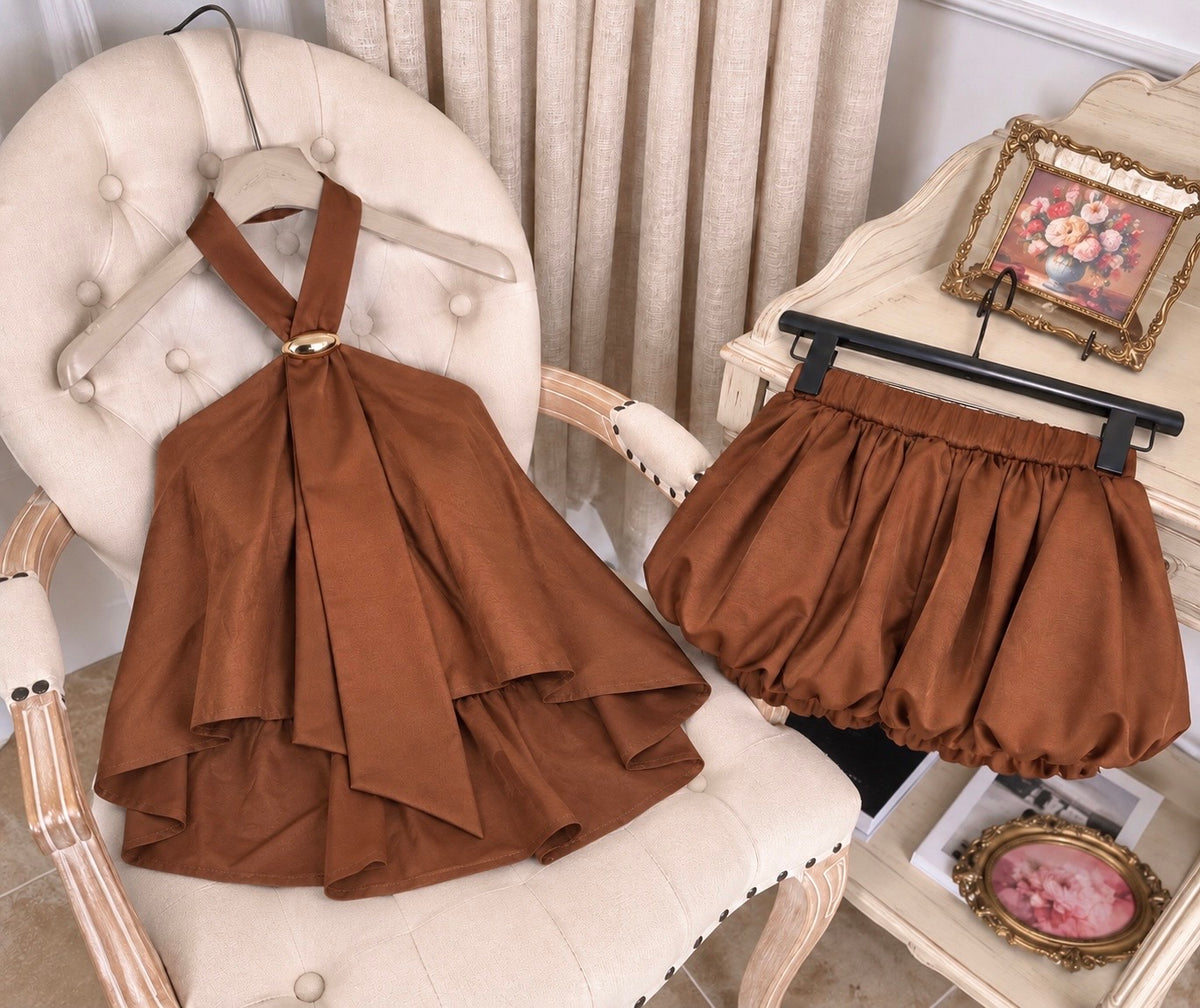 Mix Silk Top + Shorts Two Piece Set (Black, Brown)