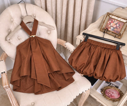 Mix Silk Top + Shorts Two Piece Set (Black, Brown)
