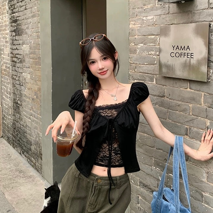 Mix Lacey Puff Sleeve Top (Black)