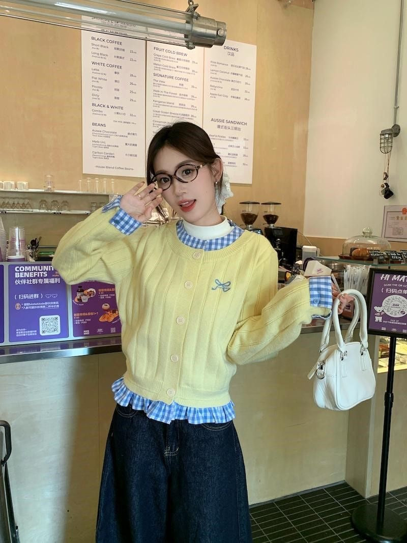 Ginham Collar Thick Yellow Long Sleeve Knitted Top
