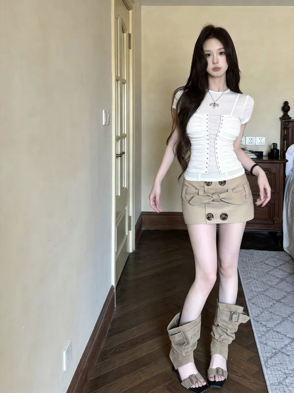 Classic Lace Up Waist Top (White, Grey, Black)