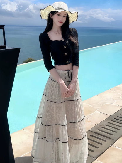 White Laces Black Ribbon Long Skirt SK31