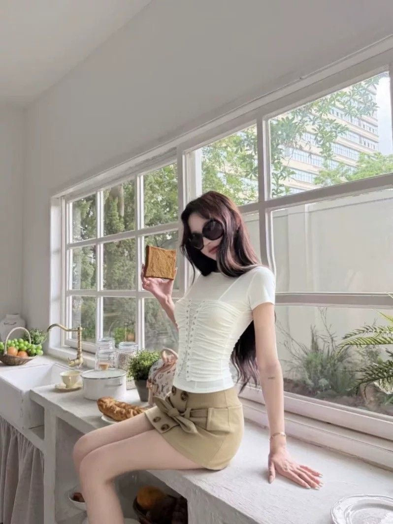 Classic Lace Up Waist Top (White, Grey, Black)
