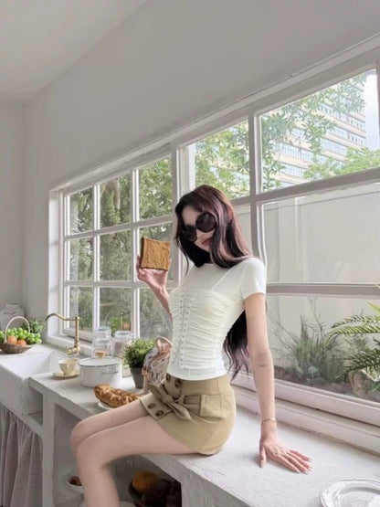 Classic Lace Up Waist Top (White, Grey, Black)