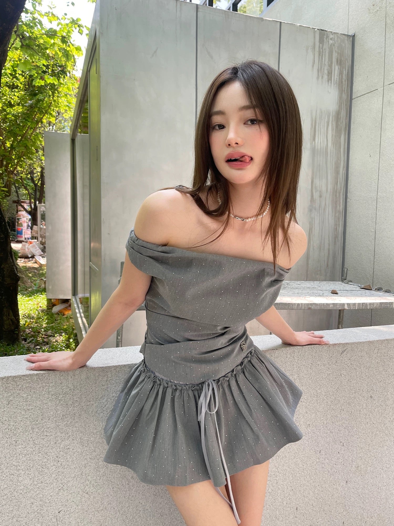 Grey Top + Skirt Two Pieces Set