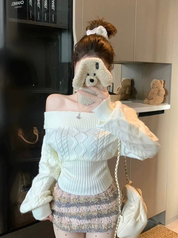 Multi Wear Off Shoulder Long Sleeve Crop Knitted Top