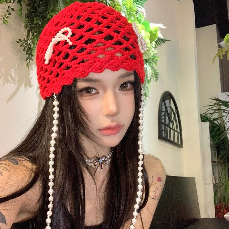 Pearl Ribbon Knitted Embroidery Hat (Red)