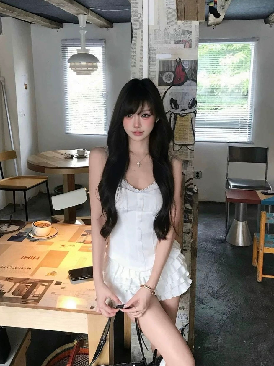 White Lace Mix Silk Top + Shorts