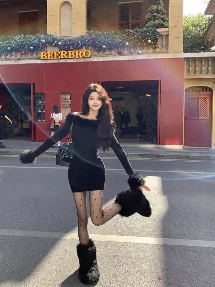 Black Two Wear Off Side Shoulder Long Sleeve Tube Dress