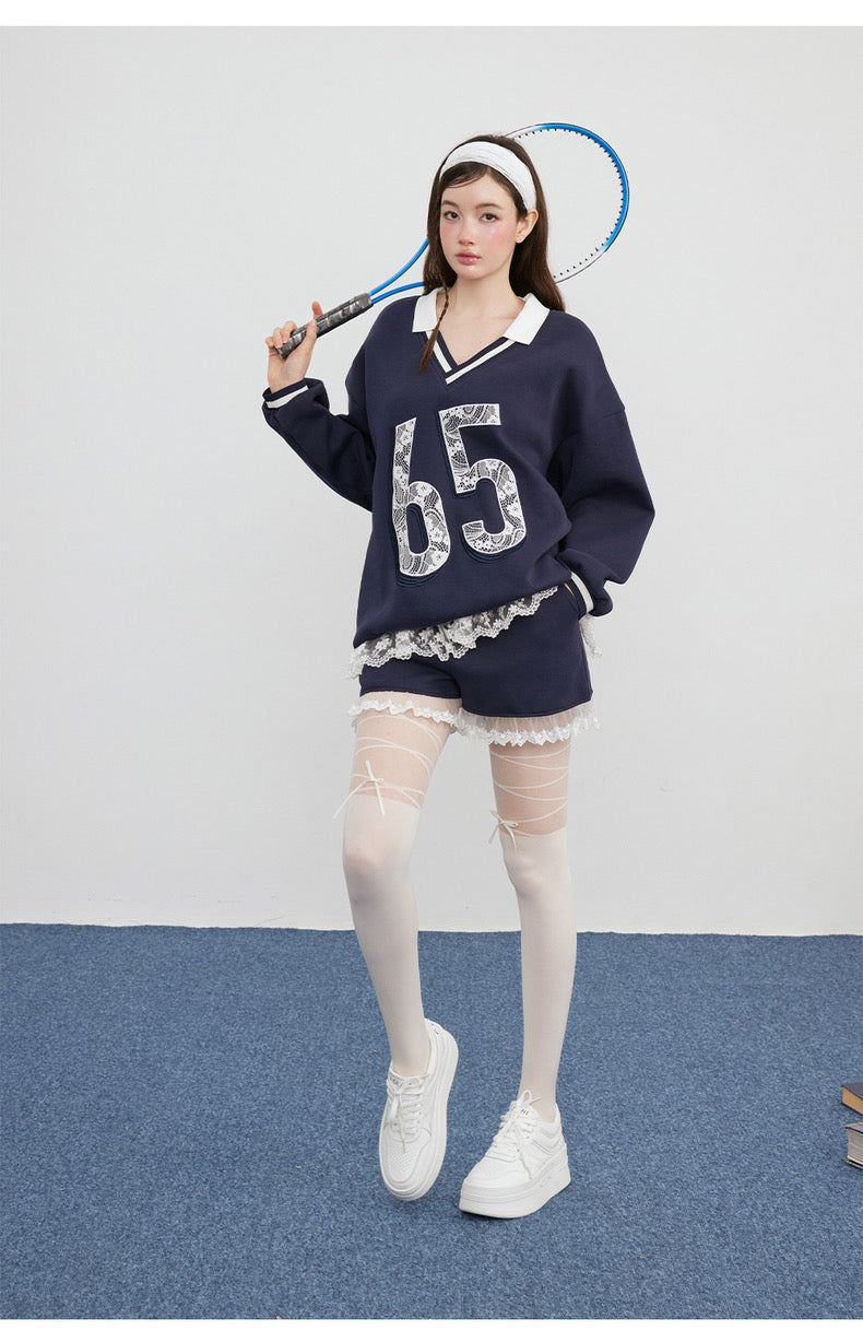 No.65 Premium Navy Sweater Top + Shorts Two Piece Set