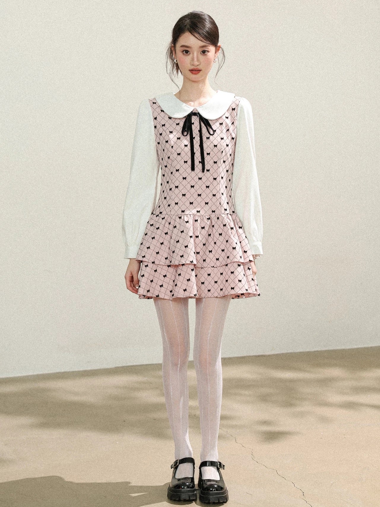 Premium Pinky Bow Long Sleeve Dress