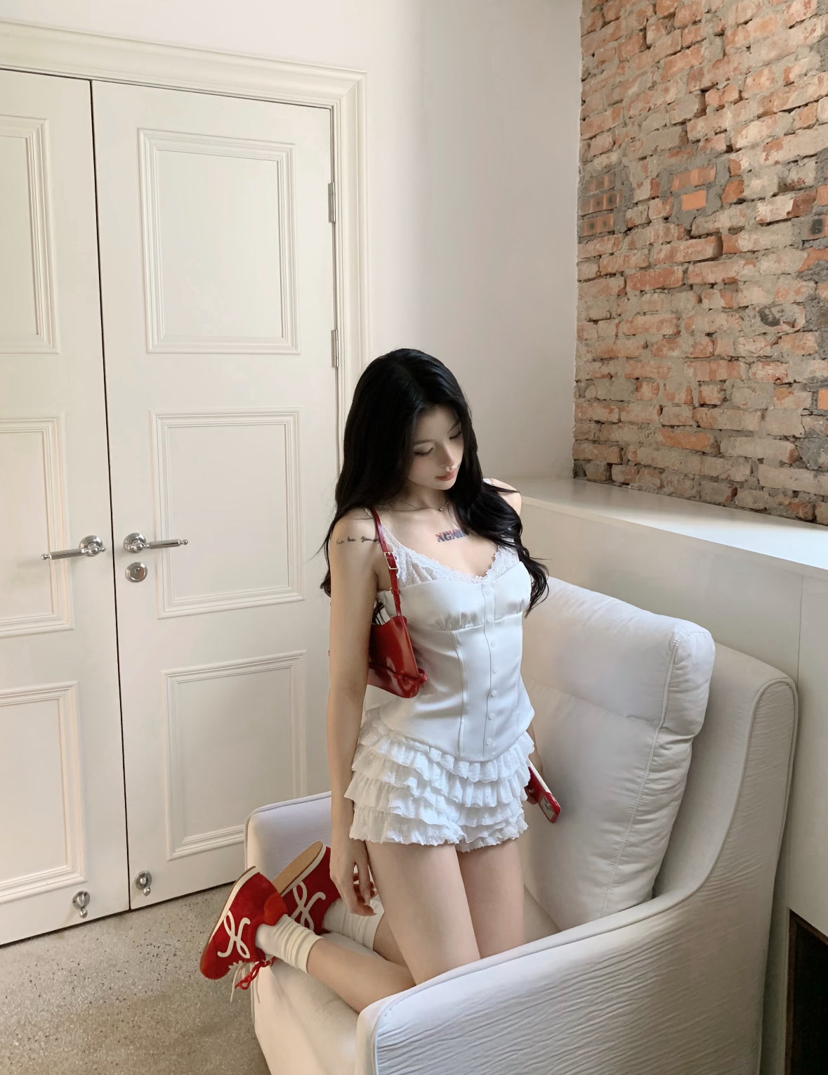 White Lace Mix Silk Top + Shorts