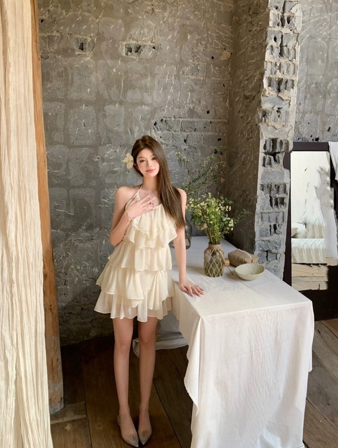 Beige Bareback Layered Dress