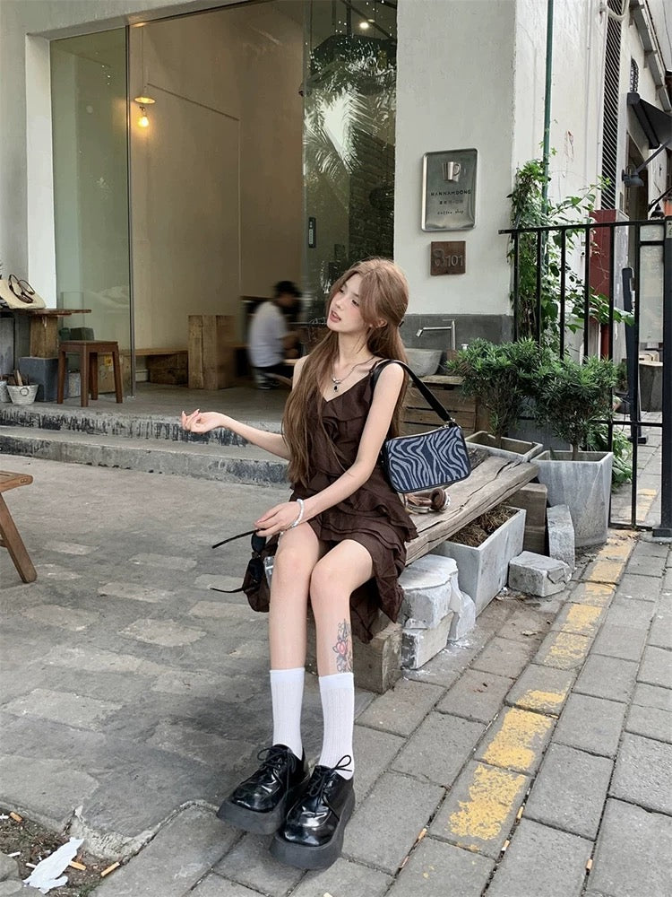 Chocolate Unequal Strap Dress (S)