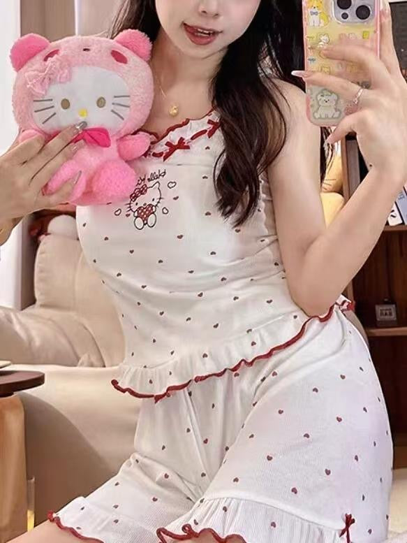 Kitty White Strap Top + Shorts Two Pieces Set Homewear Pyjamas
