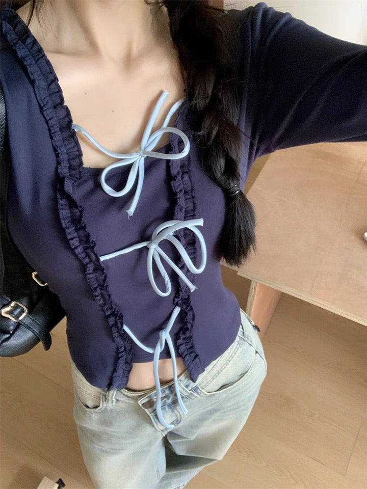 Navy Ribbon Long Sleeve Top