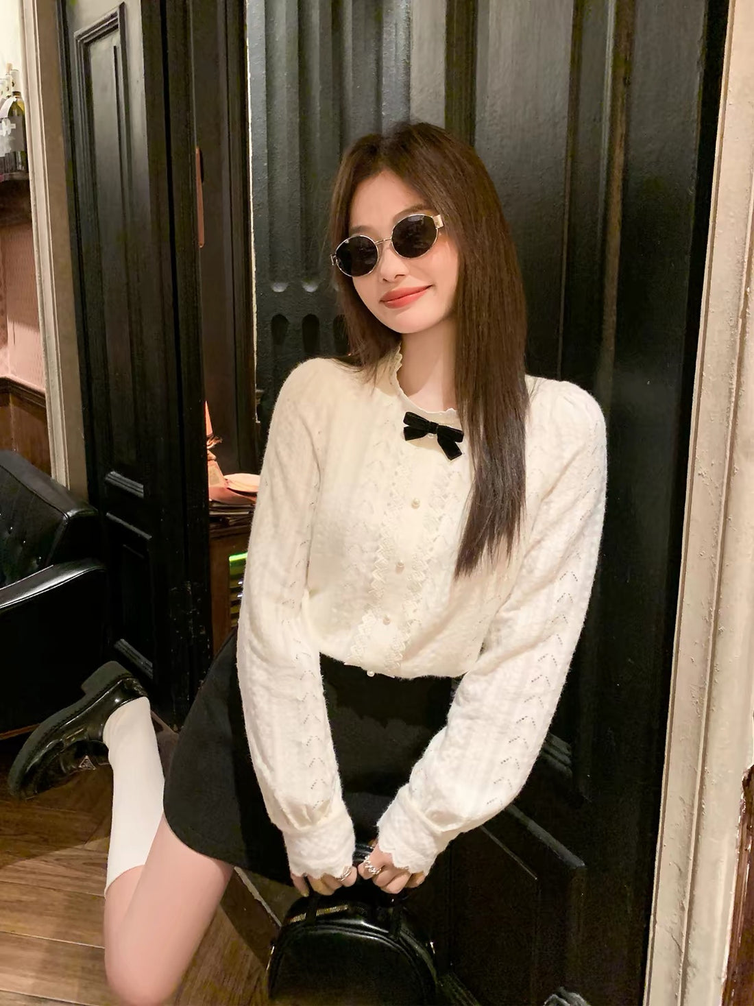 Beige Laces Long Sleeve Top