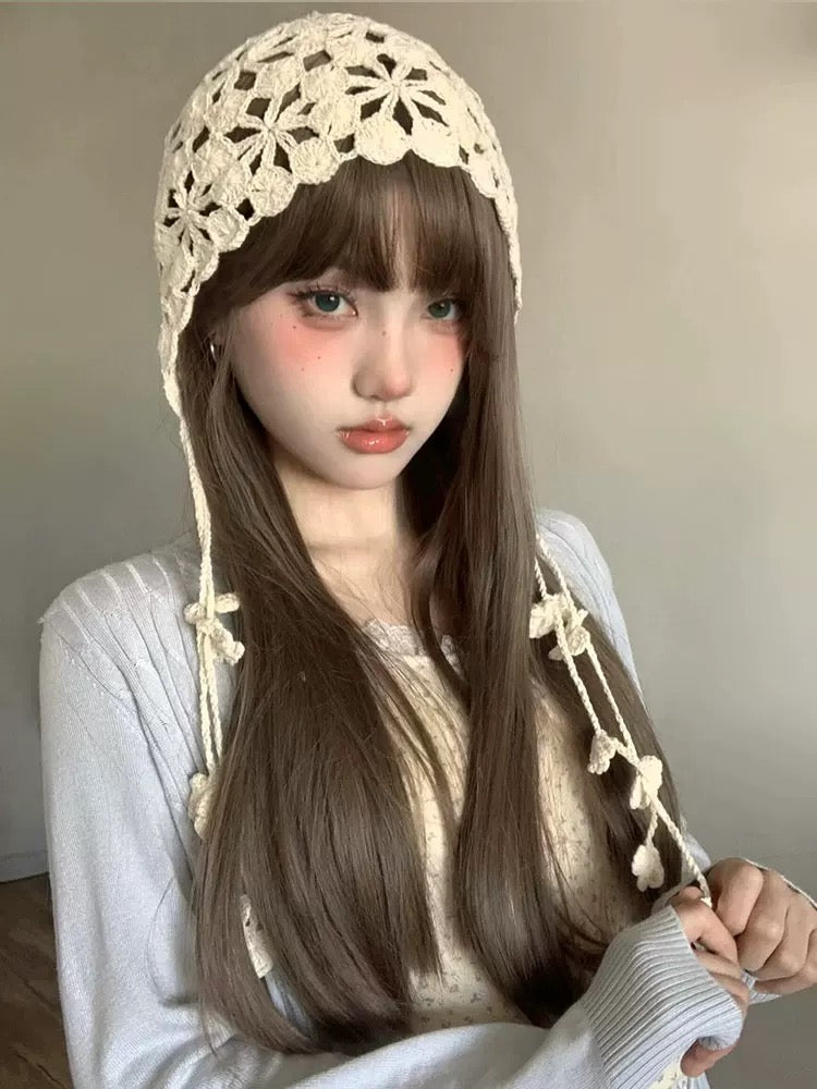 Beige Strap Knitted Embroidery Hat