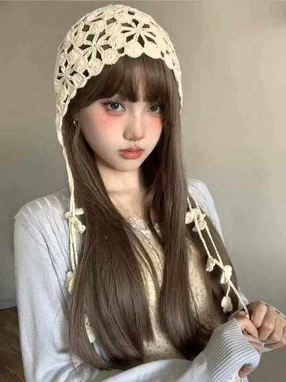 Beige Strap Knitted Embroidery Hat