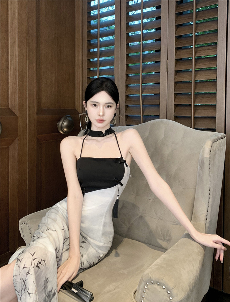 Black &amp; White Cheongsam Long Dress (S, M)