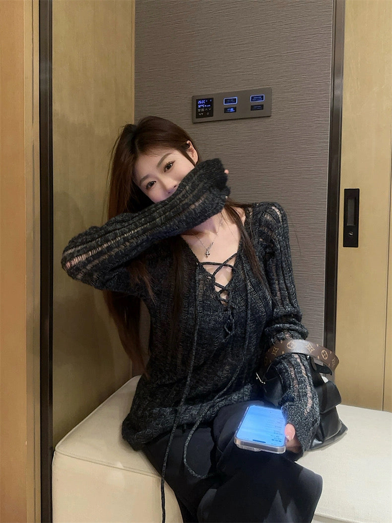 Black Knitted Long Sleeve Outerwear top