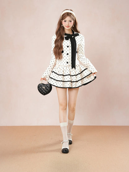 Black Dot Beige Top + Skirt Channe Two Piece Set