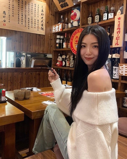 Off Shoulder Cream Long Sleeve Knitted Top
