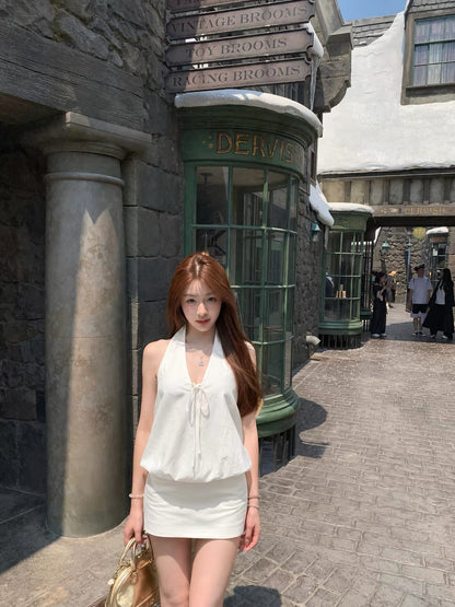 White Round Neck Top + Skort Skirt