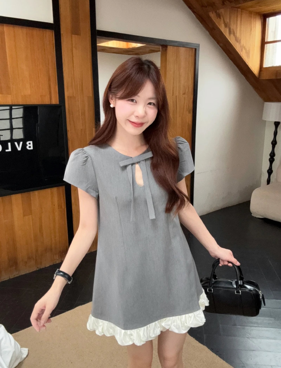 Puff Sleeve Dress (Black, Grey)