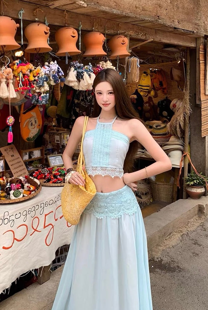 Embroidery Chiffon Two Piece Set (Blue, Beige)