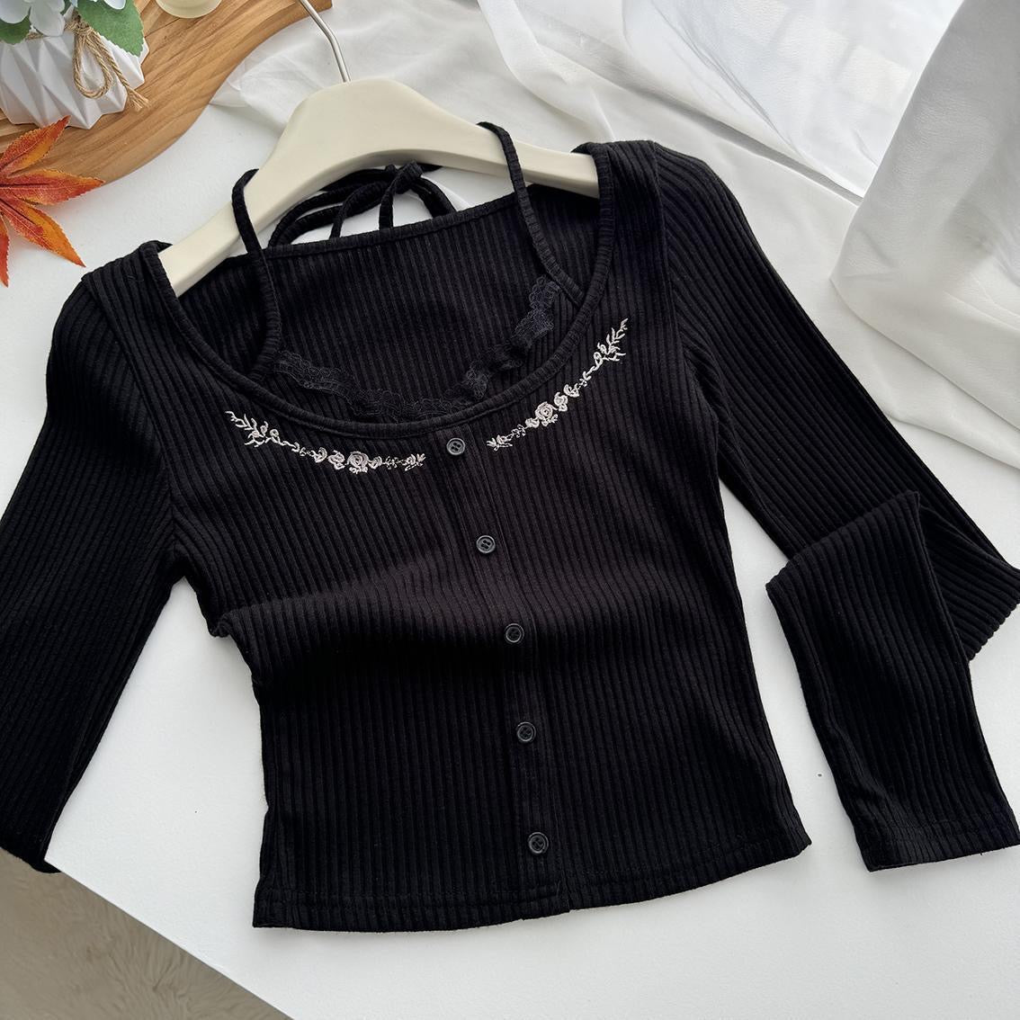 Knitted Long Sleeve Top with strap (Black, Red)